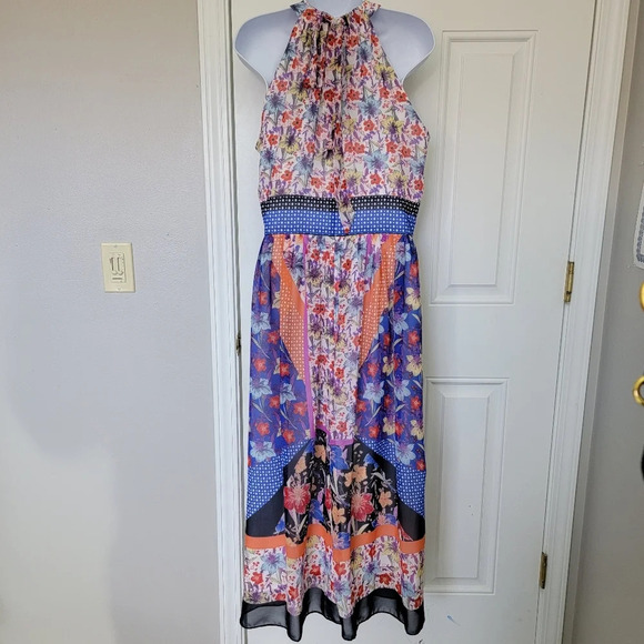 Maggy London Sleeveless Floral Halter Midi Dress Back Bow Lined Size 10 - Picture 6 of 14